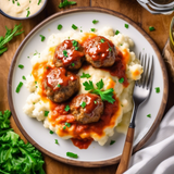 Cheesy Meatball Casserole with Cauliflower Mash